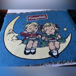 RARE Vintage Campbell’s (Soup) Throw Blanket Kids and Moon 62x42” AS IS